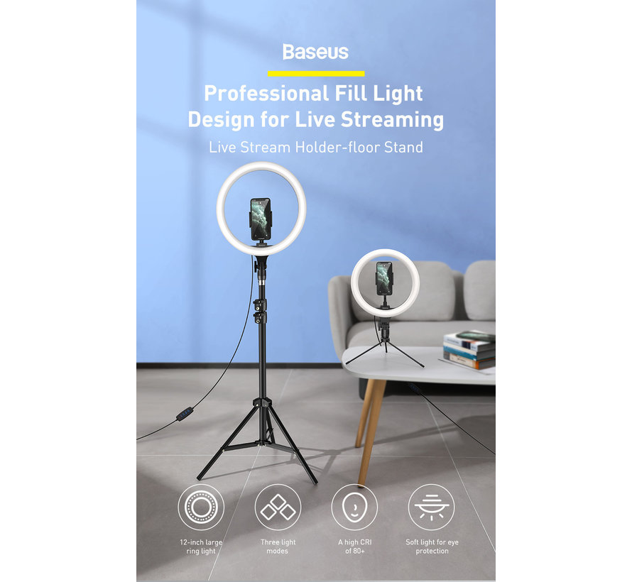 Ringlight Baseus Live Stream 12 pouces - 15W - 60 LED blanches et 60 LED blanc chaud - réglable avec télécommande