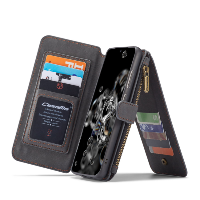 CaseMe Samsung S20 Ultra Cover Noir - 2 in 1 Zipper Wallet | Compartiments de rangement | Magnétique | béquille