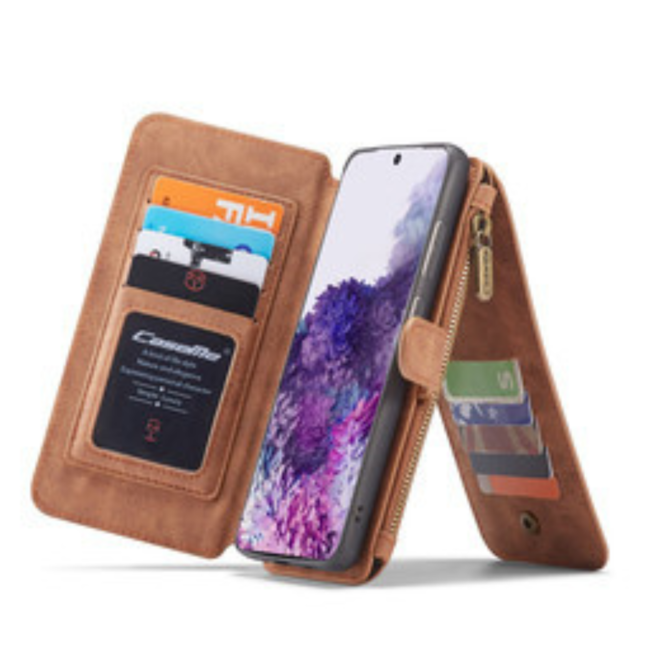 CaseMe Zipper Wallet Samsung S20 Ultra hoesje bruin - 2 in 1 Wallet en Flipcover - multifunctionele portemonee - extra ritsvak