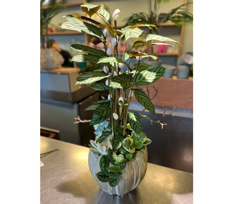 Tropisch Groen Zijden Arrangement in Glanzende Pot