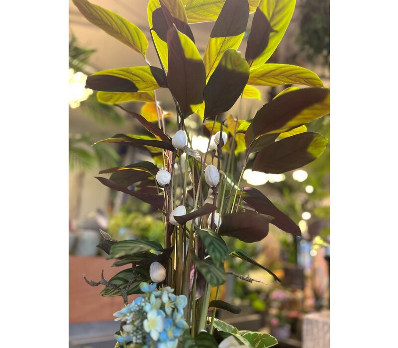 Tropisch Groen Zijden Arrangement in Glanzende Pot