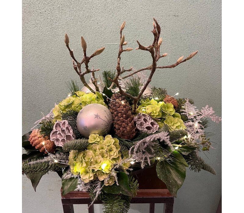 Kerststuk Groen/Zilver