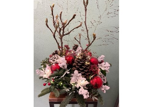 Kerststuk Rood Sneeuw