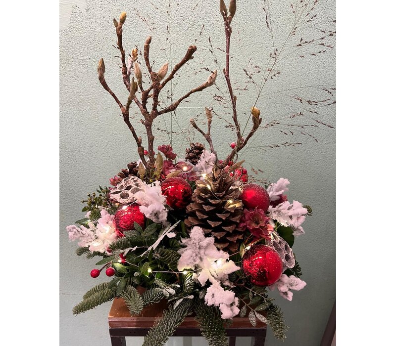 Kerststuk Rood Sneeuw