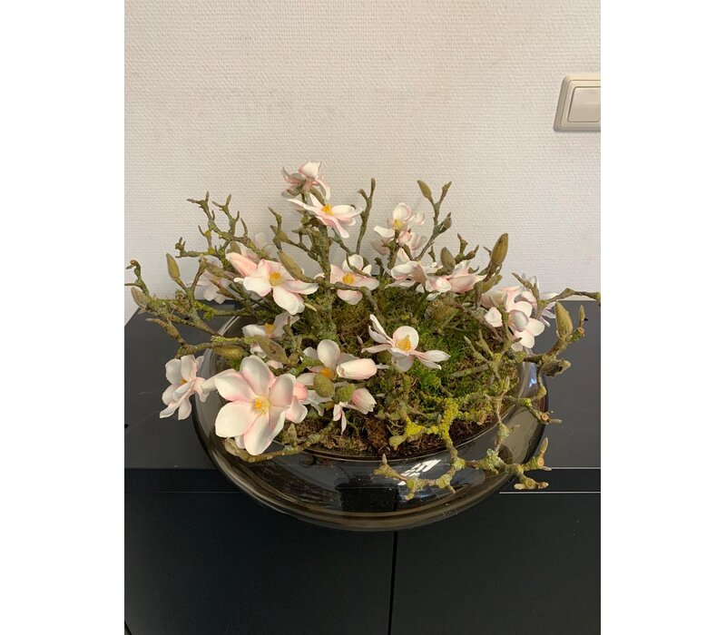 Glazen schaal met magnolia takken