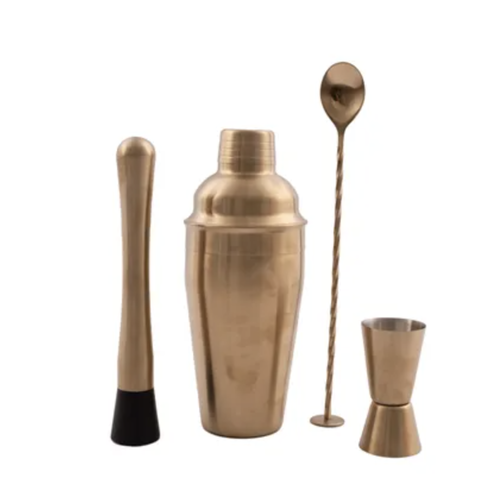4-delige cocktailset rvs goud: barlepel - maatje - stamper - cobbler shaker 