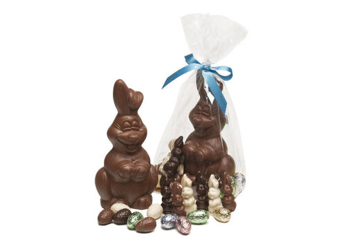 Valentino Chocolatier Paaspakketje Eén lachhaas 250 g, eitjes en haasjes 150 g