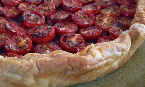 Southern tomato pie with black olive tapenade