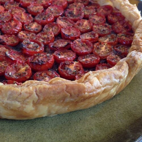 Southern tomato pie with black olive tapenade
