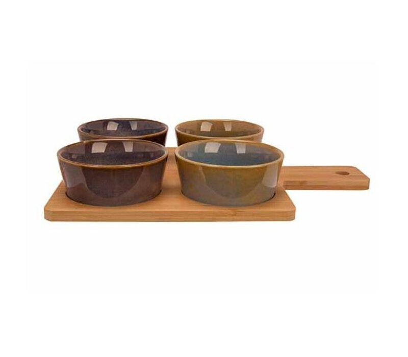 Bamboo serving board 31x21.5 cm with 4 bowls