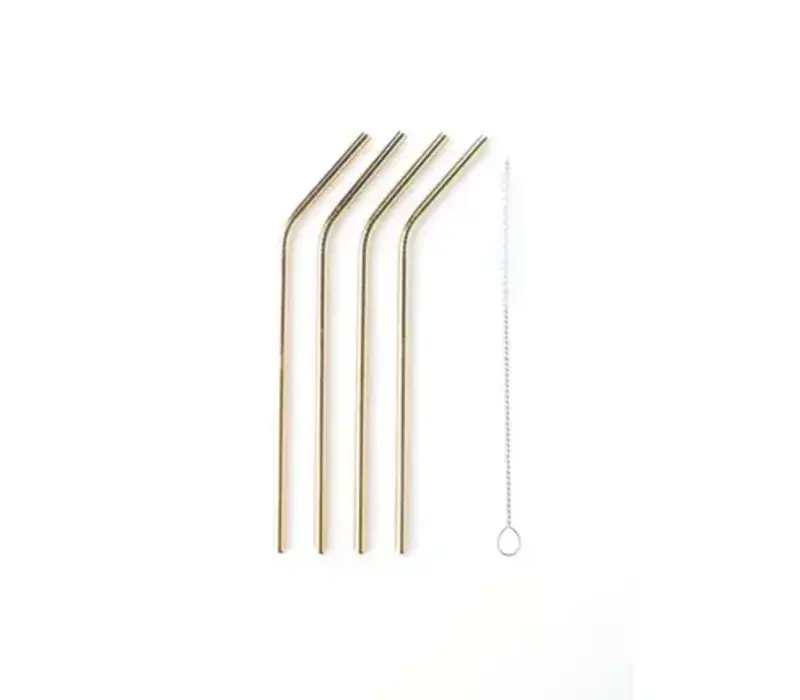 4er Set Cocktail-Strohhalme aus Edelstahl gold mit Reinigungsbürste 20,5 cm