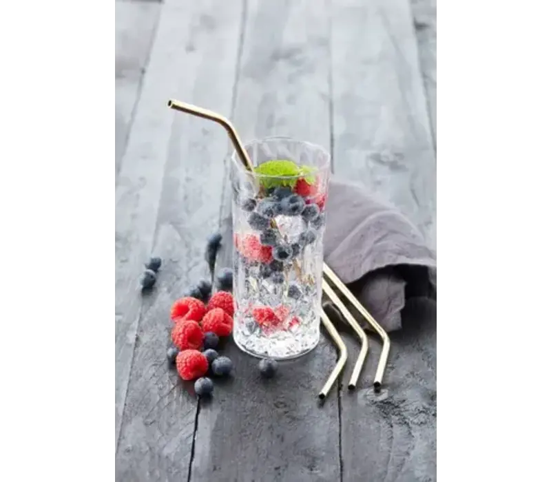 4er Set Cocktail-Strohhalme aus Edelstahl gold mit Reinigungsbürste 20,5 cm