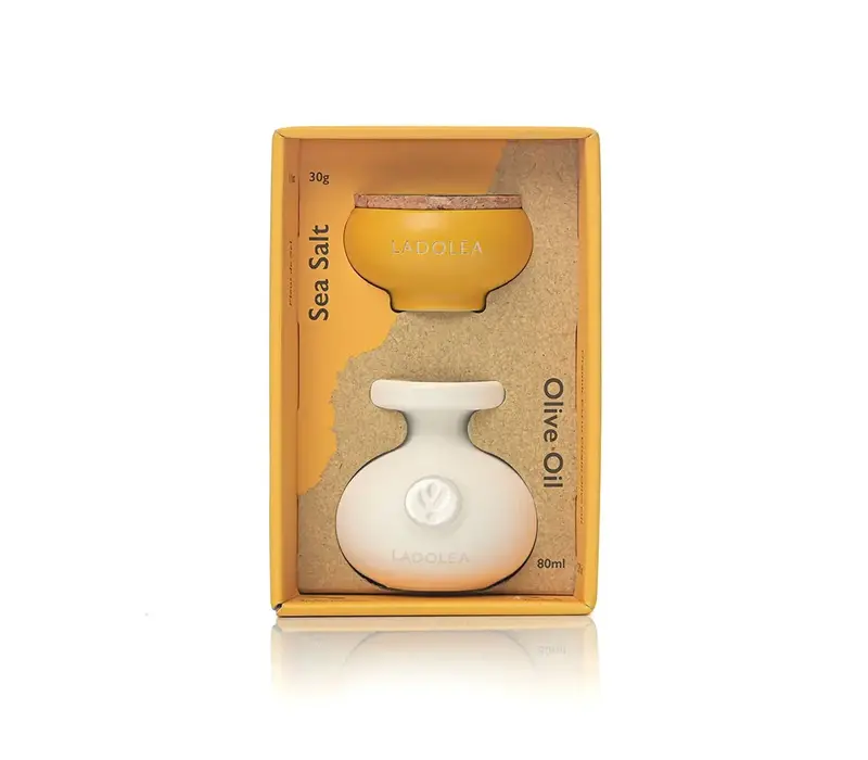 Olijfolie Patrinia 80 ml & Zeezout in Gele kruik 30 g