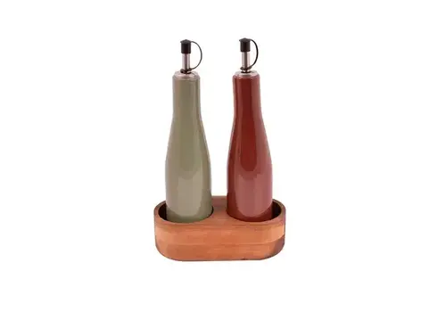Point Virgule Ensemble de flacons à huile et à vinaigre en grès et de supports en acacia, 16 x 8 x 25 cm