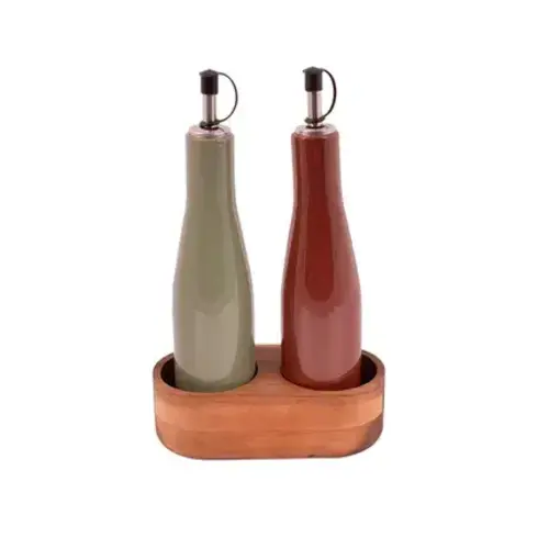 Set of stoneware oil and vinegar bottles and acacia holders, 16 x 8 x 25 cm 