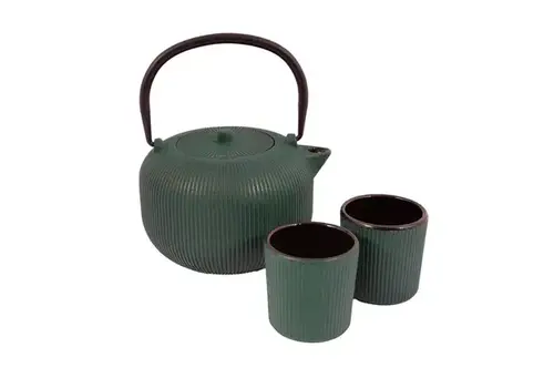 Point Virgule Ensemble théière côtelée et 2 tasses en fonte, Forest Green