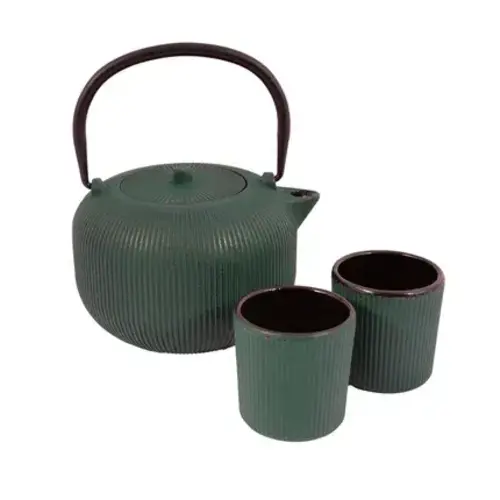 Set geribbelde theepot en 2 kopjes uit gietzijzer Forest Green 