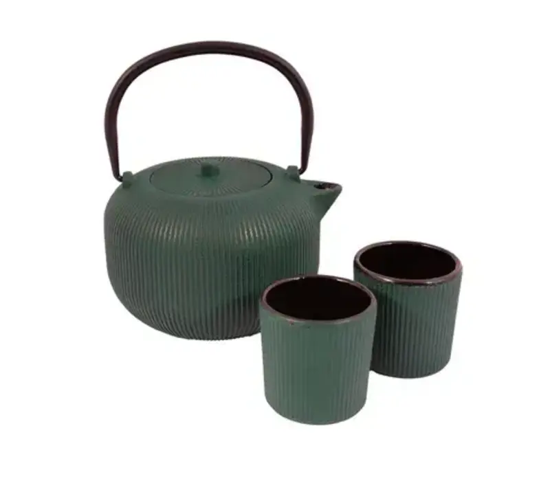 Set geribbelde theepot en 2 kopjes uit gietzijzer Forest Green