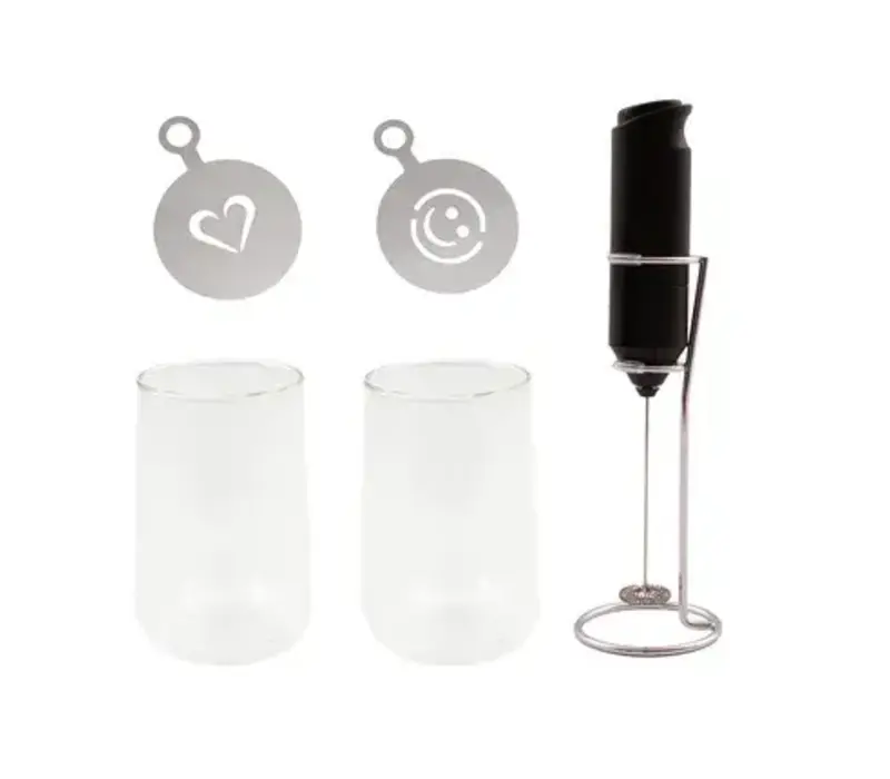 Latte-Set bestehend aus 2 doppelwandigen Gläsern (350 ml) mit Milchaufschäumer und Schablone