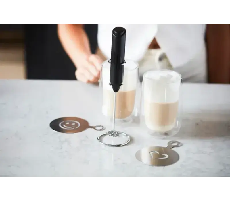 Latte set 2 dubbelwandige glazen 350 ml met melkopschuimer en stencil