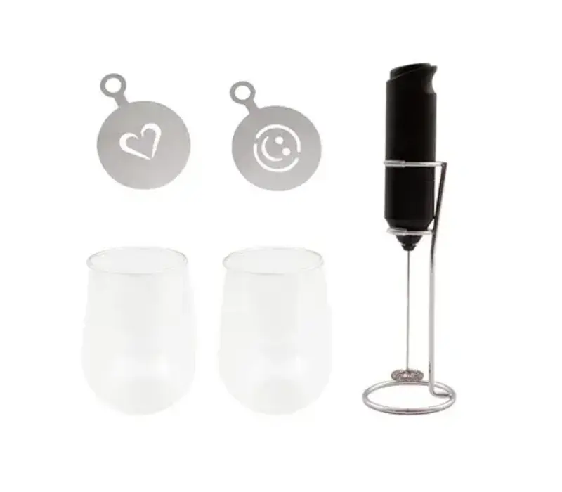 Ensemble cappuccino comprenant 2 verres à double paroi de 250 ml, un mousseur à lait et un pochoir.