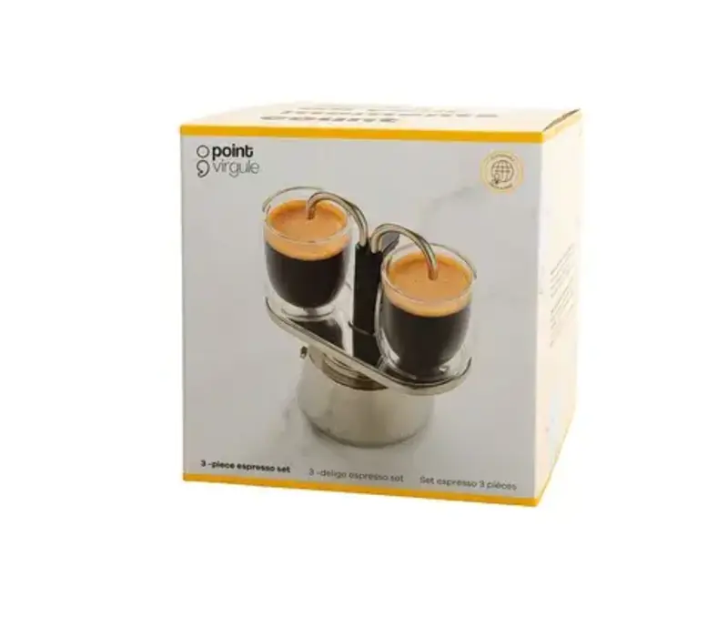 Espresso-Set bestehend aus 2 doppelwandigen Gläsern (80 ml) und einer manuellen Espressomaschine