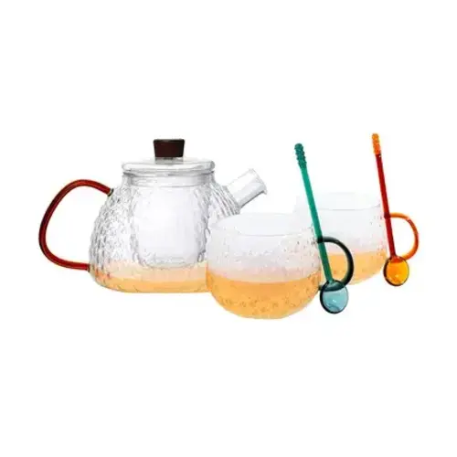 Service à thé en verre borosilicate comprenant une théière avec filtre, deux tasses et des cuillères. 