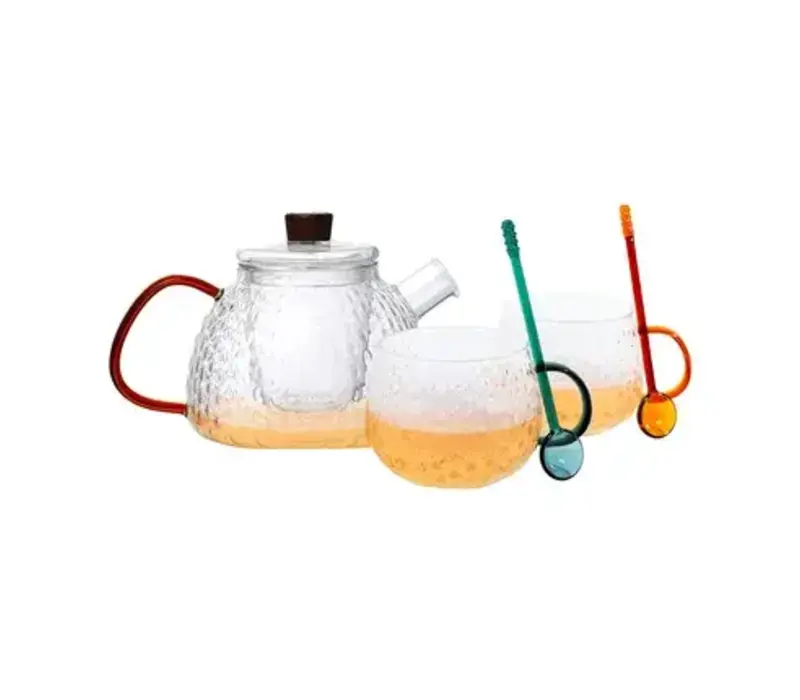 Set of teapot with filter, 2 mugs and spoons made of borosilicate glass