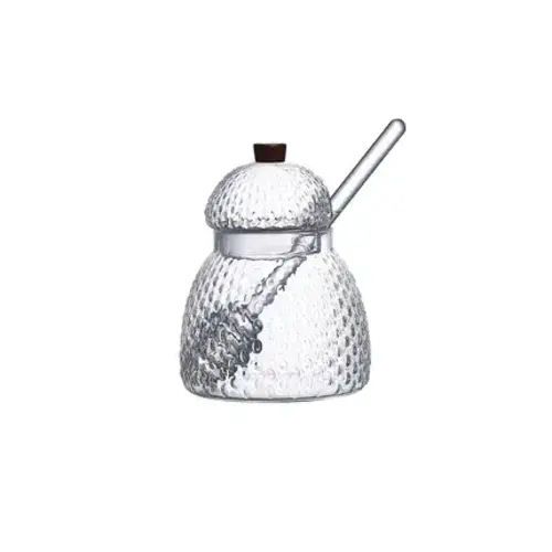 Honey pot and spoon set made of hammered borosilicate glass 