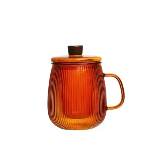 Ribbed borosilicate glass teacup with filter, 600 ml, dark orange 