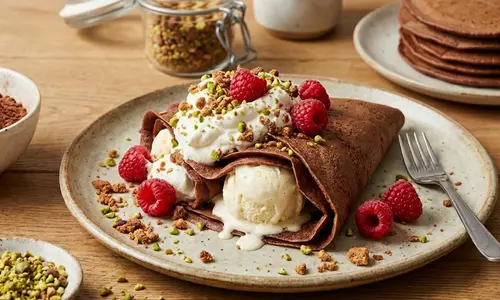 Chocoladepannenkoeken met vanille-ijs & crunch