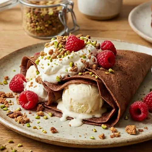 Chocoladepannenkoeken met vanille-ijs & crunch