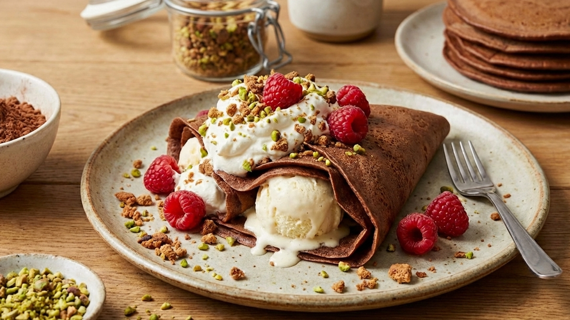 Chocoladepannenkoeken met vanille-ijs & crunch