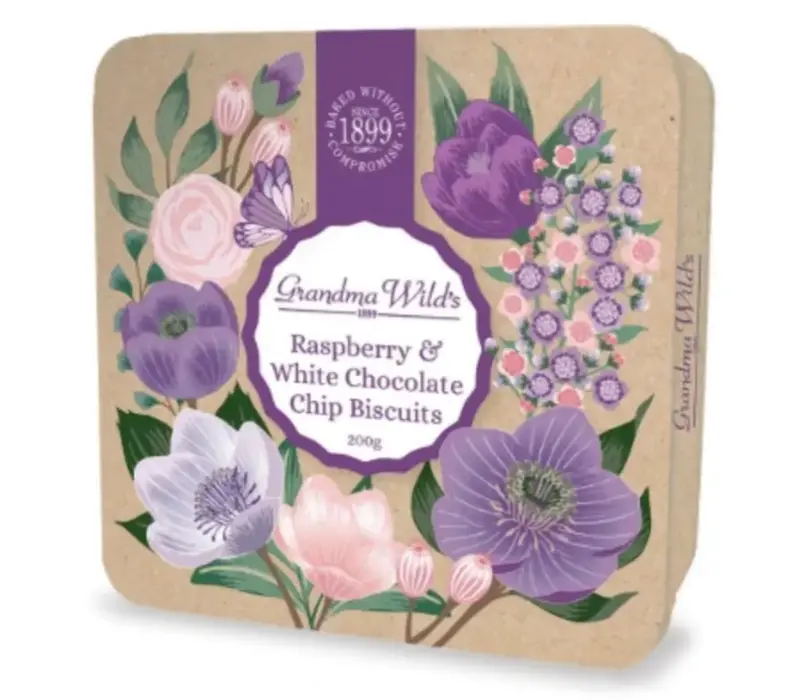 Botanical Floral Tin - Raspberry & White chocolate chip biscuits 200 g