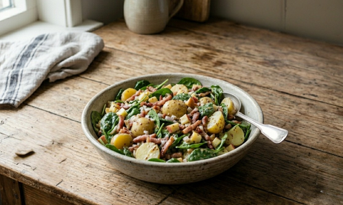 Salade van krieltjes, appel, spinazie en spekjes