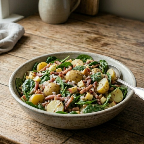 Salade van krieltjes, appel, spinazie en spekjes