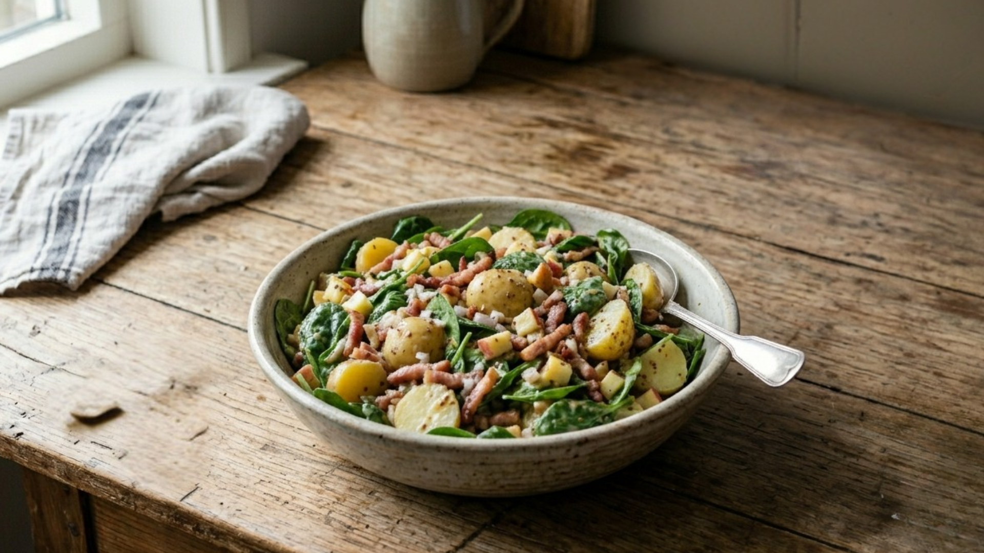 Salade van krieltjes, appel, spinazie en spekjes