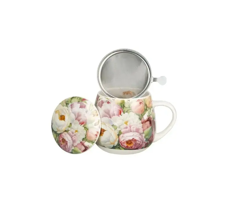 Flowers Barrel Becher mit integriertem Teesieb, 430 ml, Peonies, Geschenkbox