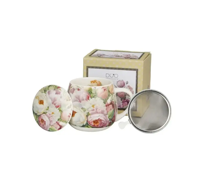 Flowers Barrel Becher mit integriertem Teesieb, 430 ml, Peonies, Geschenkbox