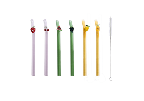 Point Virgule Herbruikbare Glazen rietjes Fruit - 6 stuks & borstel - 16cm