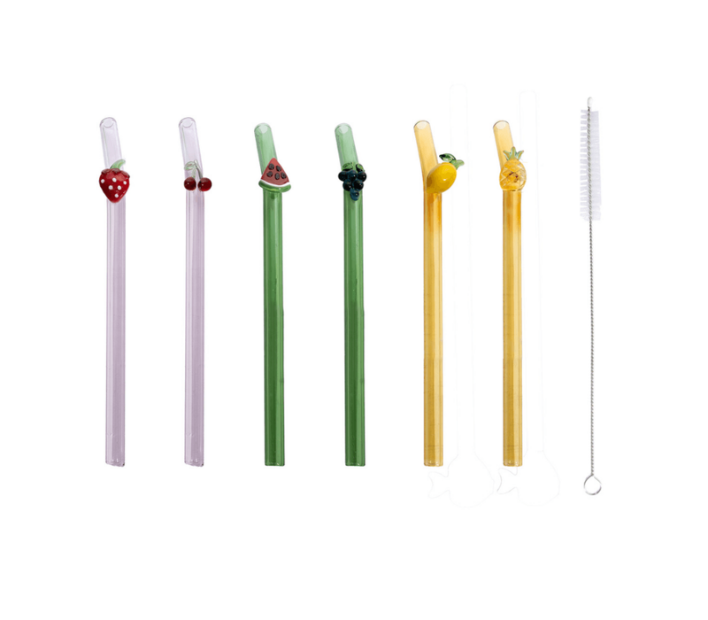 Pailles en verre réutilisables à fruits - Lot de 6 avec goupillon - 16 cm