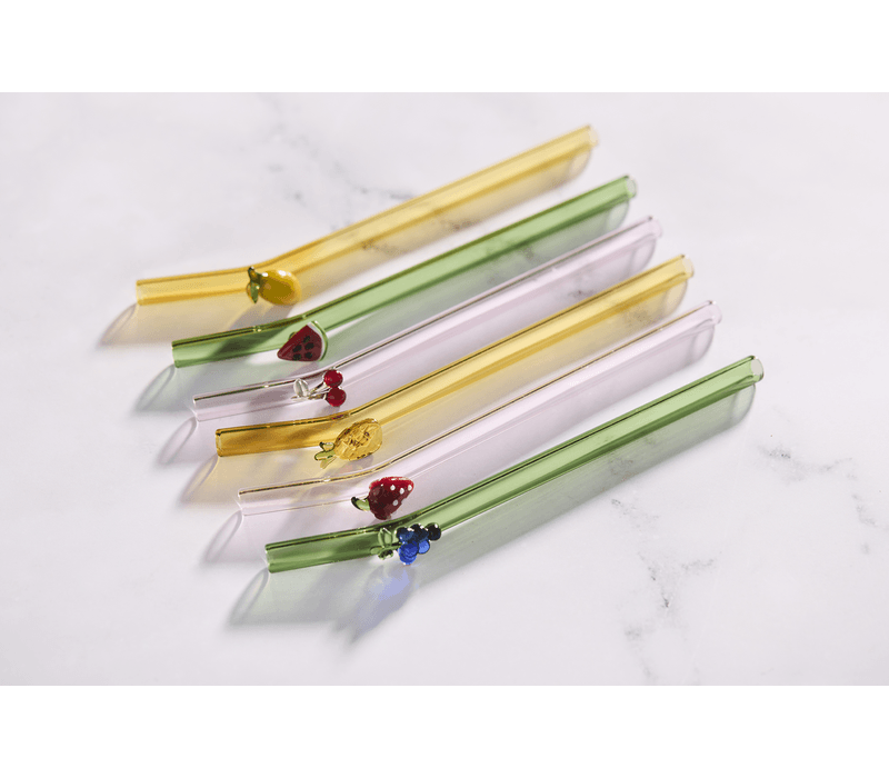 Wiederverwendbare Glasstrohhalme mit Fruchtmotiv – 6 Stück & Reinigungsbürste – 16 cm