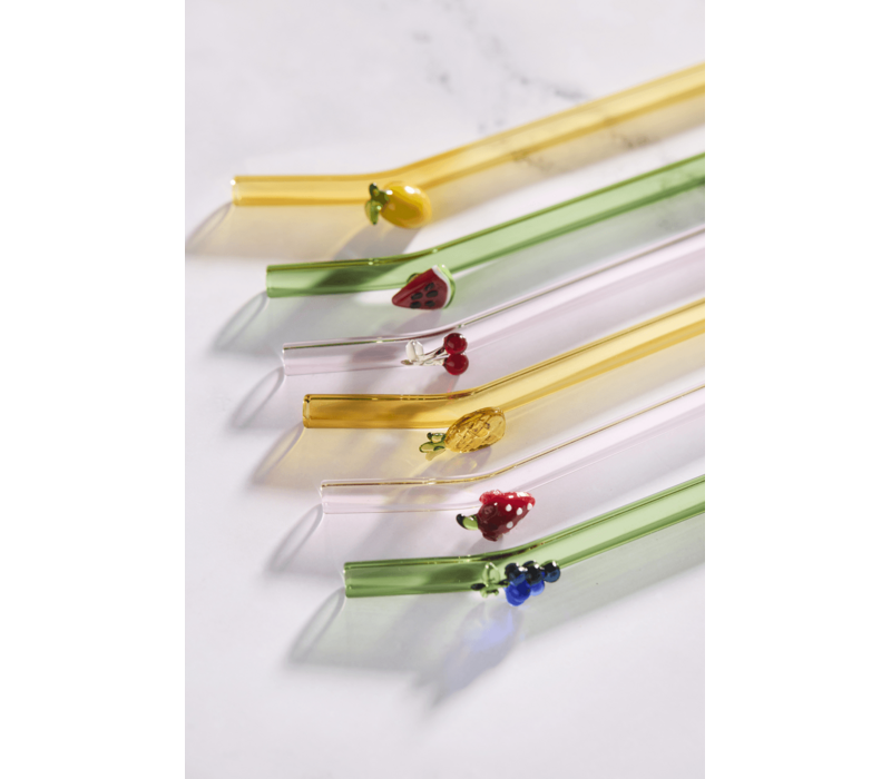 Herbruikbare Glazen rietjes Fruit - 6 stuks & borstel - 16cm