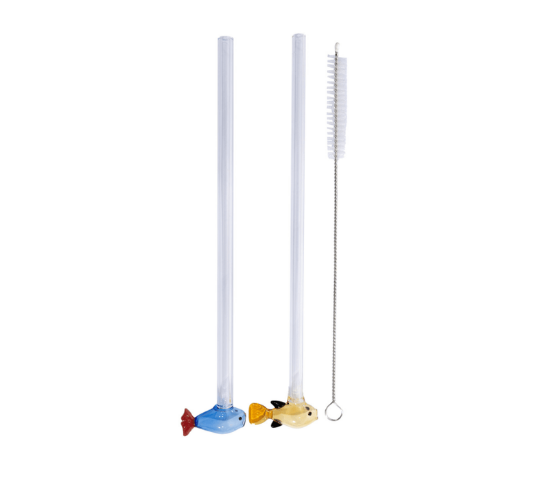 Pailles en verre réutilisables en forme de poisson - Lot de 2 avec goupillon - 20 cm