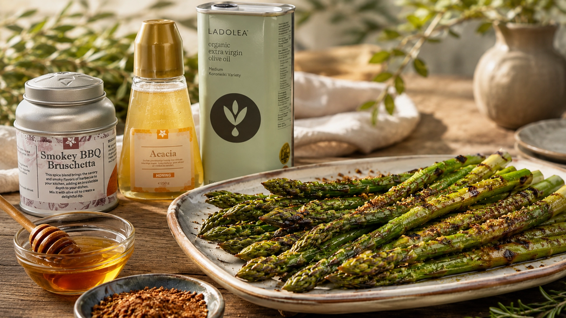 Gegrilde groene asperges op de BBQ