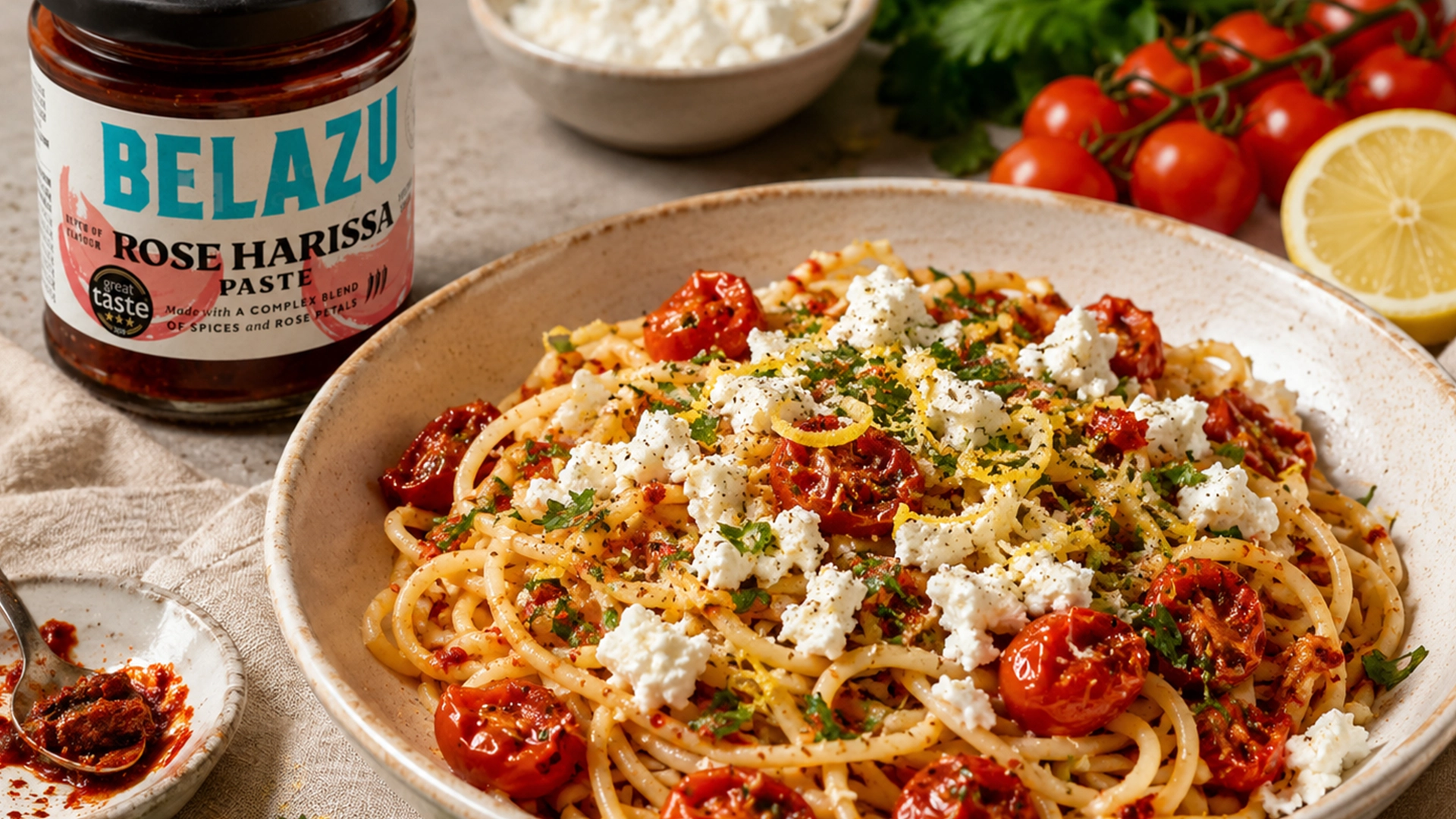 Tonnarelli met rozenharissa