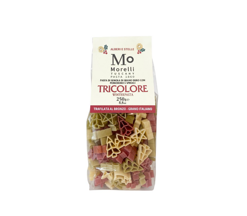 Morelli Pâtes d'hiver Tricolore 250 g – sapins et étoiles, tréfilées au bronze