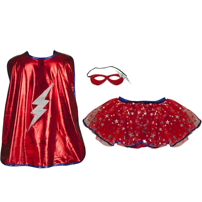 Superheldin cape, rok & masker rood/blauw (4-7 jaar)