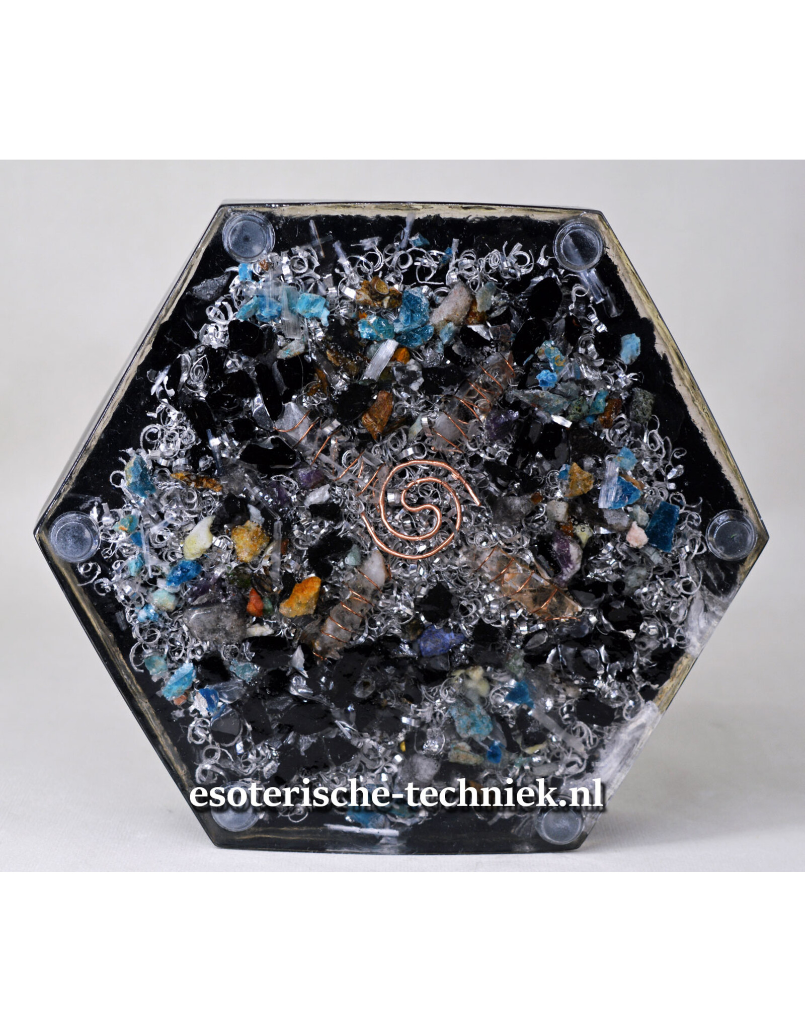 Orgone Orgonite Oplaadschijf hexagon met Shungiet en geometrische tesseract