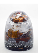 Orgone Orgonite cone met Tijgeroog, Versteend Hout, Tijgerijzer,  Arkansas kristal en Kunziet